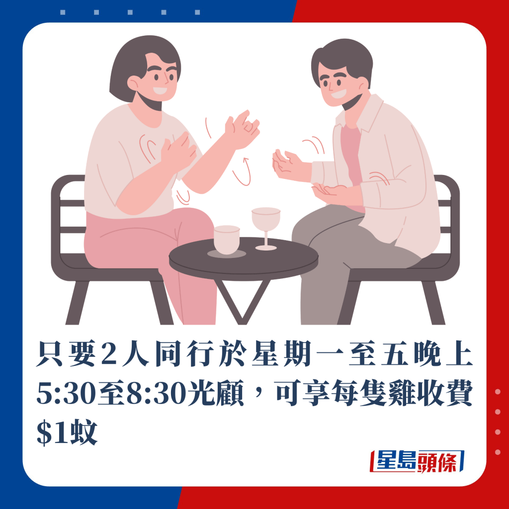 只要2人同行於星期一至五晚上5:30至8:30光顧，可享每隻雞收費$1蚊