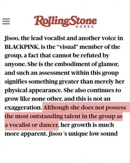 雜誌指Jisoo在唱歌和跳舞方面都不是最出眾。