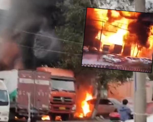 溫州一輛停在街頭的貨櫃車昨日發生猛烈爆炸。(網上圖片)