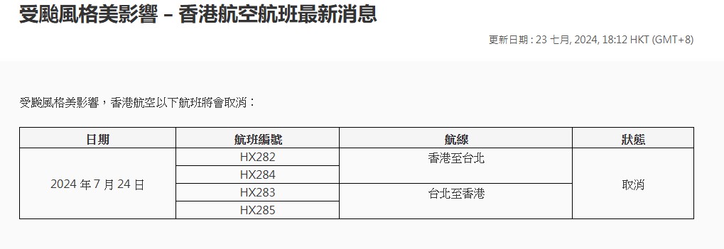 香港航空宣布部分航班受風暴格美影響取消。香港航空網站截圖