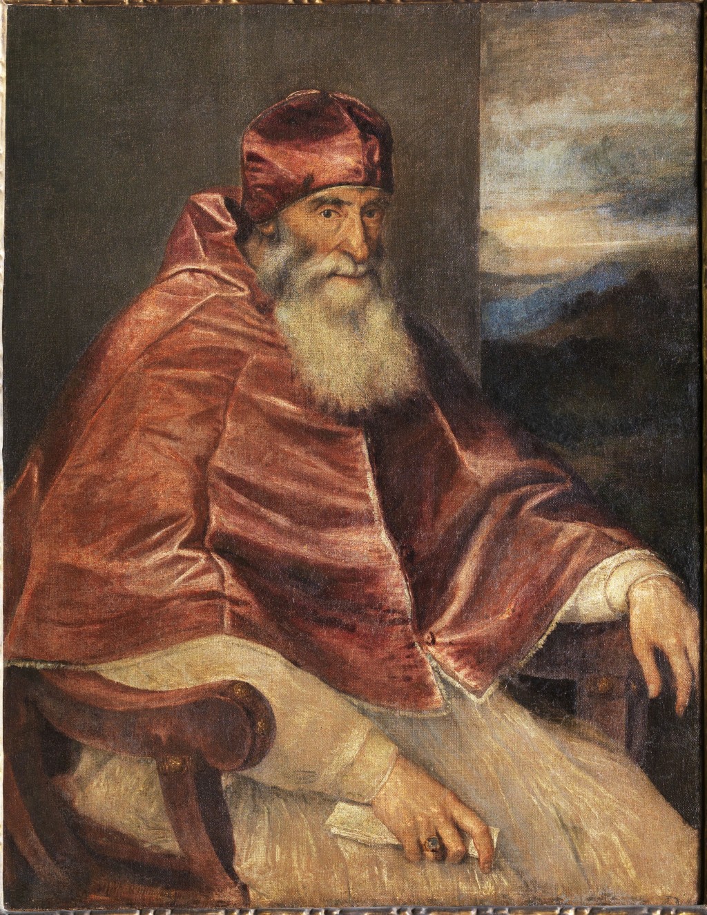 提香的著名人像畫之一《戴上教宗專用絨帽的教宗保祿三世肖像》。