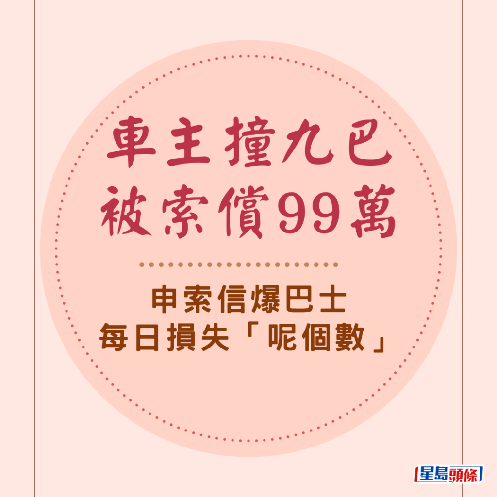 一名車主於4年多前撞到一輛九巴，最近接獲九巴法律部的賠償申索信，向車主索償99萬5千多元，申索信公開了被撞毀巴士每日損失的金額。九巴發言人回覆《星島頭條》時表示，由於事件已進入司法程序，不會作出評論。