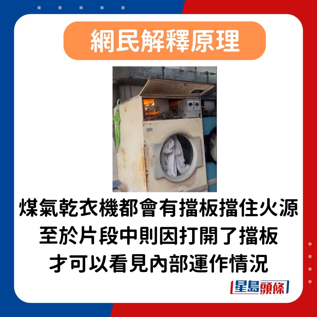 煤氣乾衣機一般都會有擋板擋住火源，至於樓主所拍攝的乾衣機則因打開了擋板才可以看見內部運作情況。