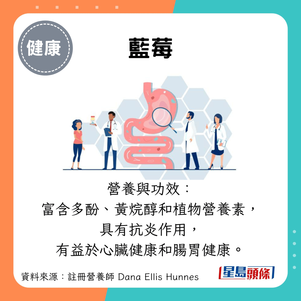 蓝莓：营养与功效： 富含多酚、黄烷醇和植物营养素， 具有抗炎作用， 有益于心脏健康和肠胃健康。