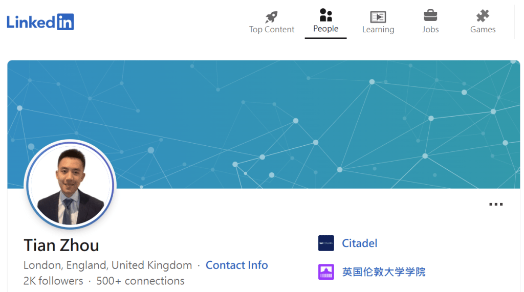 周天的LinkedIn页面。