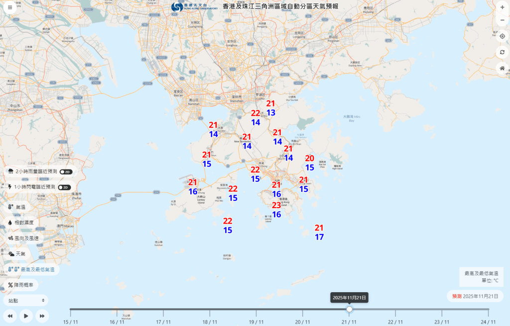 周五天氣回暖，最高氣溫升至2字頭。天文台網頁截圖