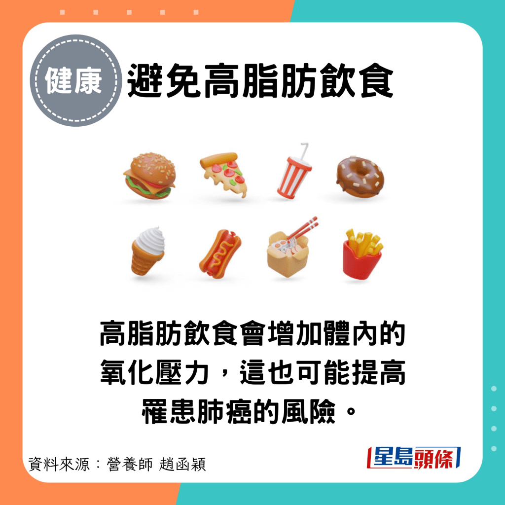 避免高脂肪饮食：高脂肪饮食会增加体内的氧化压力，这也可能提高罹患肺癌的风险。