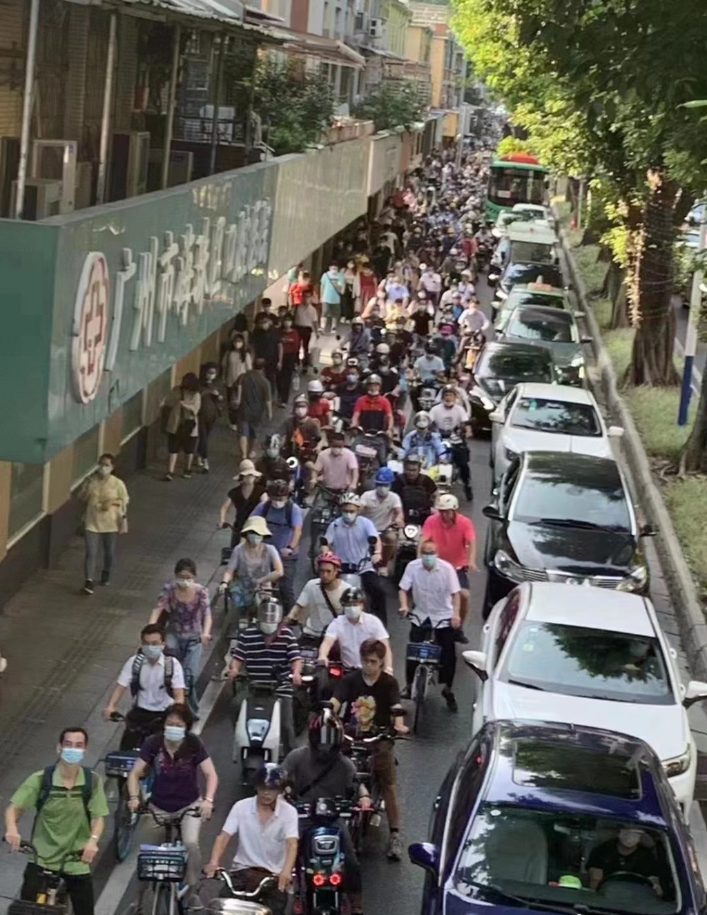 海珠區的地鐵及巴士停運，民眾踩單車或開車出門。網上圖片