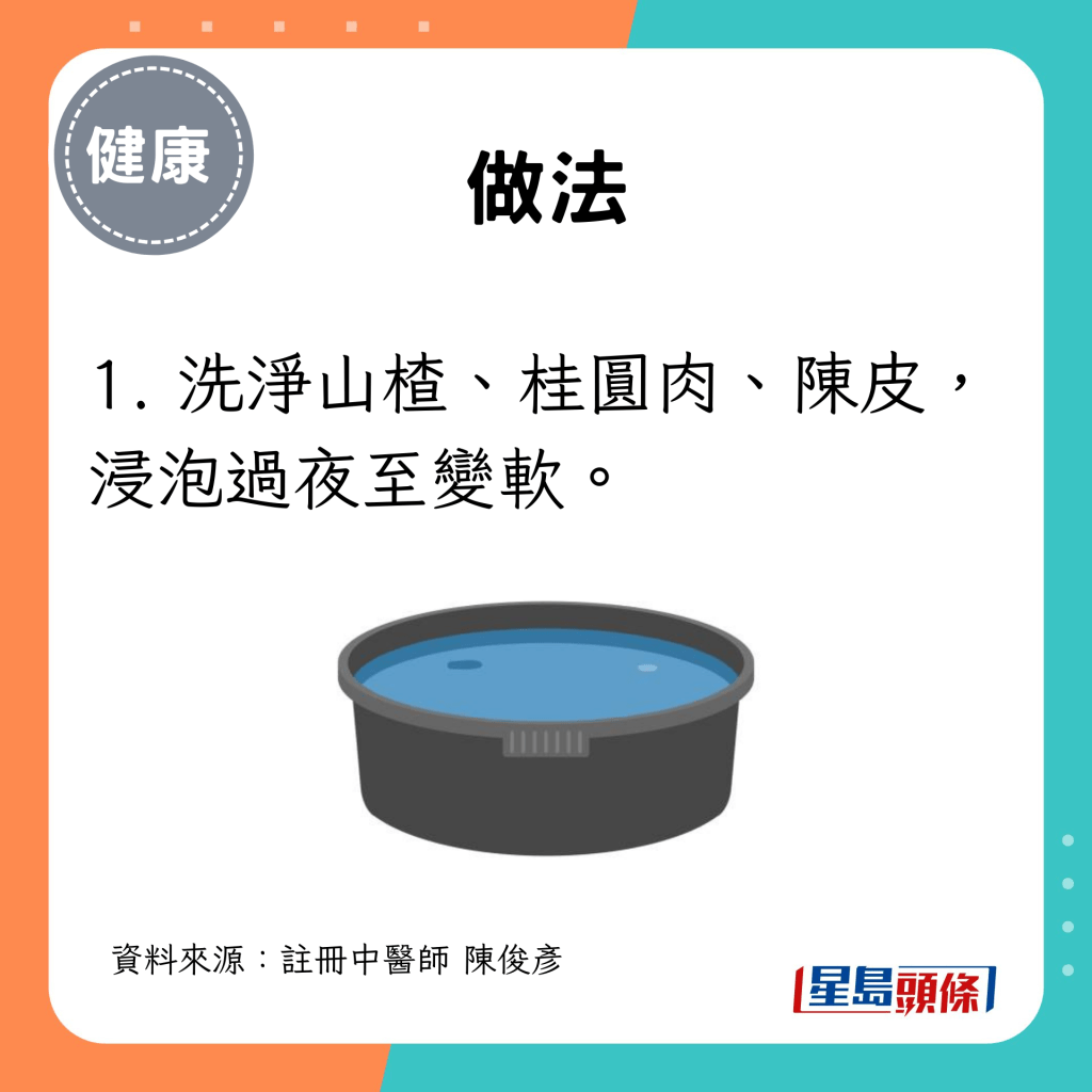 1. 洗淨山楂、桂圓肉、陳皮，浸泡過夜至變軟。