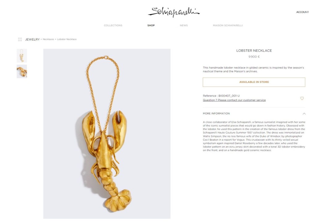 意大利品牌Schiaparelli 2024年春夏系列设计作品龙虾颈饰，约8.27万港元。