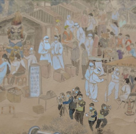 除了有著防護服的醫護人員，亦有戴口罩採訪的記者。網圖