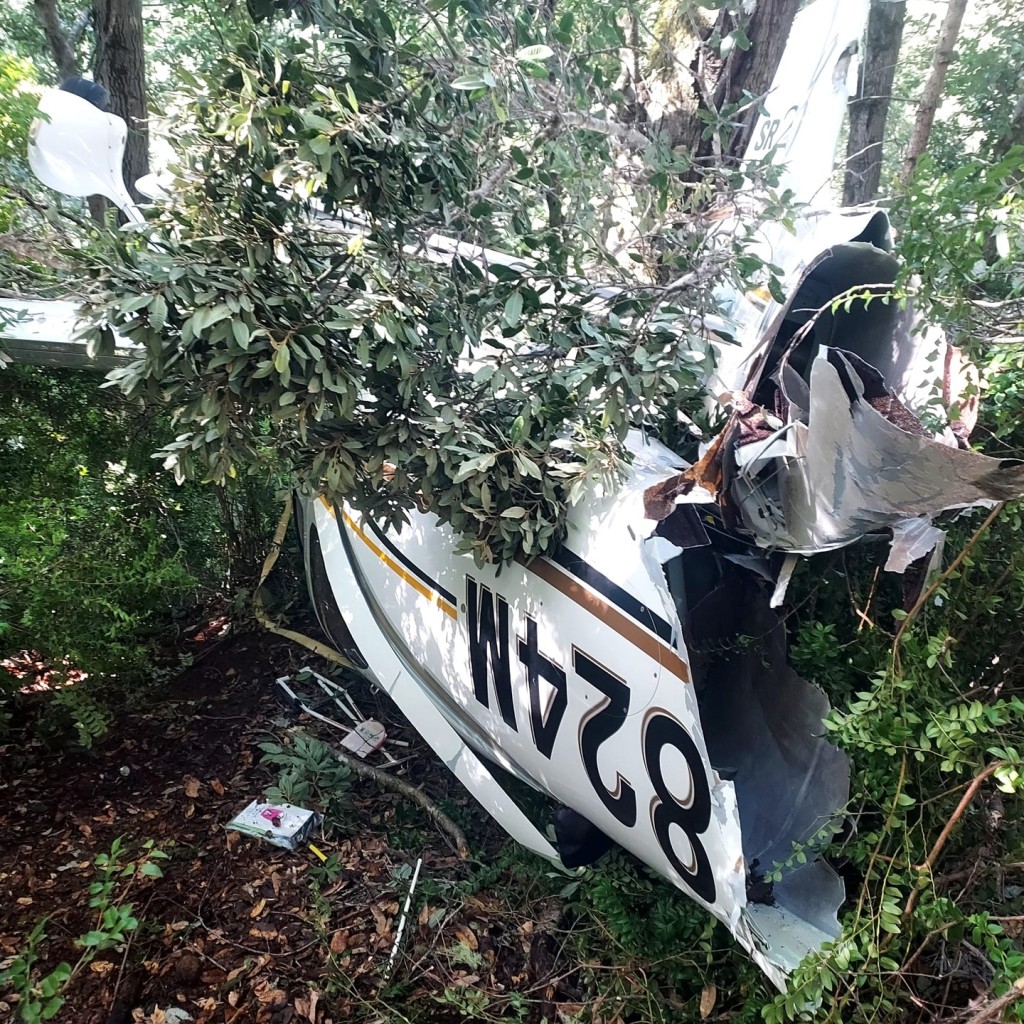 一家三口爬樹脫困，消防當局照片顯示飛機損毀。 Shelter Cove Fire