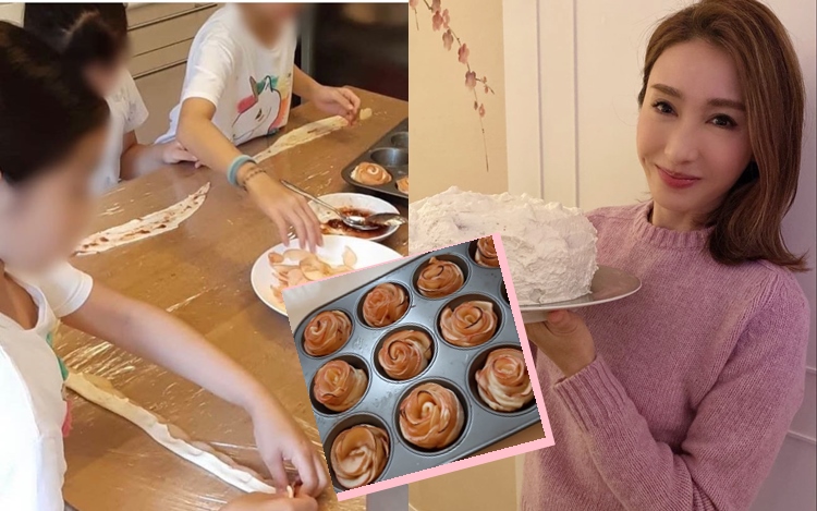 黎姿嘅三個女兒好乖巧,冬至親自整玫瑰花蛋糕畀媽咪食。