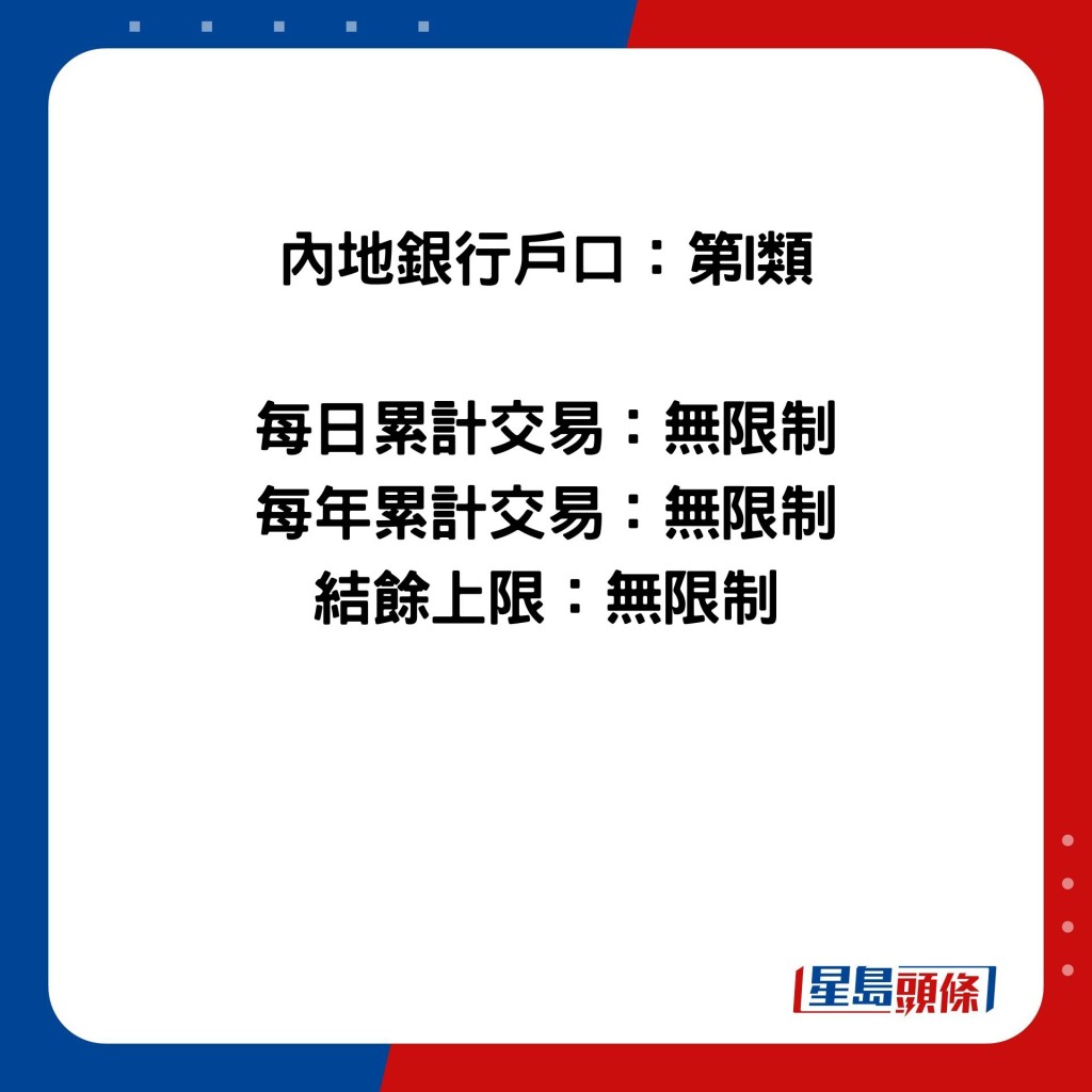 內地銀行戶口：第I類  每日累計交易：無限制 每年累計交易：無限制 結餘上限：無限制