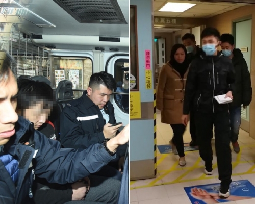 黃男(左圖中)被捕，右圖為重案組人員下午到廣華醫院深切治療部，了解葉女情況。