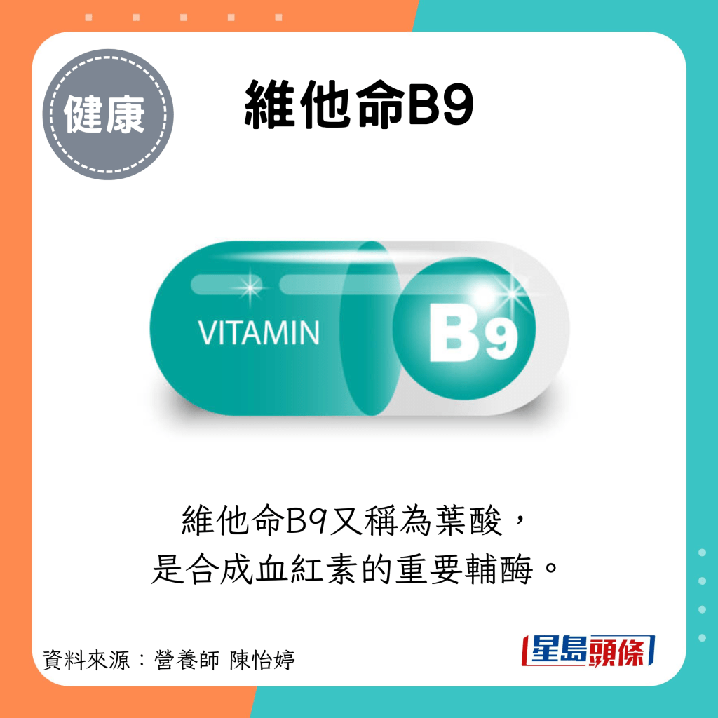 維他命B9：維他命B9又稱為葉酸， 是合成血紅素的重要輔酶。