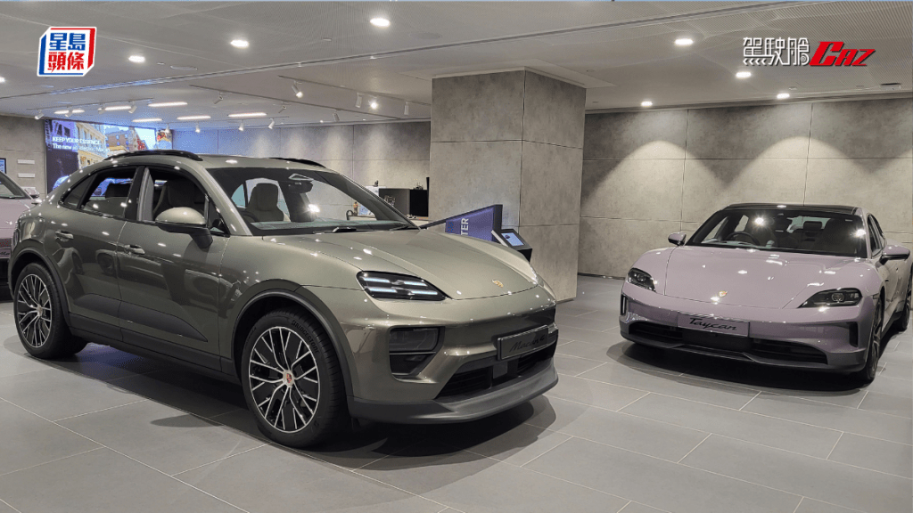 保時捷Porsche代理即日起在灣仔旗艦店預展全新Macan EV(左)及新改良版Taycan(右)，兩者10月才正式發表。