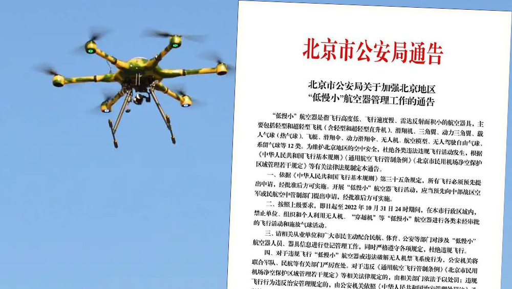 北京公安局:下月底之前禁飛無人機及放氣球。
