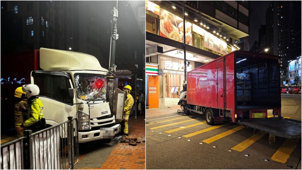 北角長命斜再現驚險車禍 貨車落貨時失控直衝 險剷行人路燈柱阻一劫｜車Cam直擊