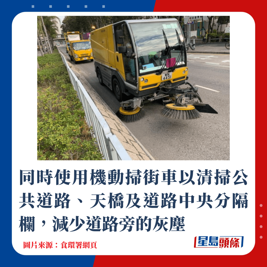 同時使用機動掃街車以清掃公共道路、天橋及道路中央分隔欄，減少道路旁的灰塵