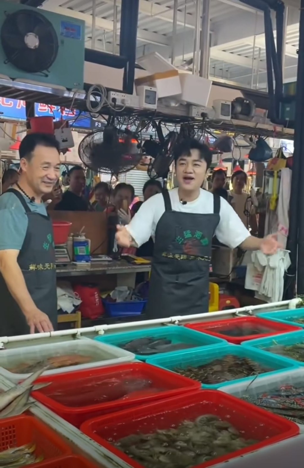 王祖蓝与档主学习如何叫卖鱼。