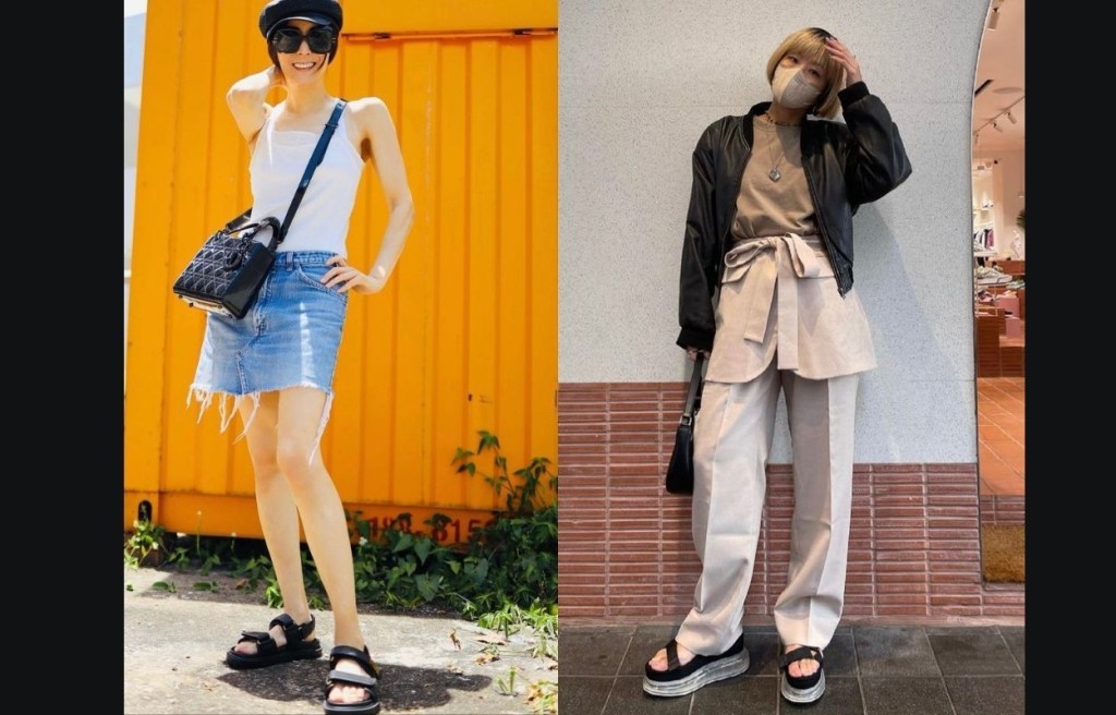左/Sammi（鄭秀文）及右/徐濠縈不約而同在社交平台貼上穿Sporty Sandals的有型相片。 (圖片來源: IG @sammi_chengsauman & @hilaryxtsui)