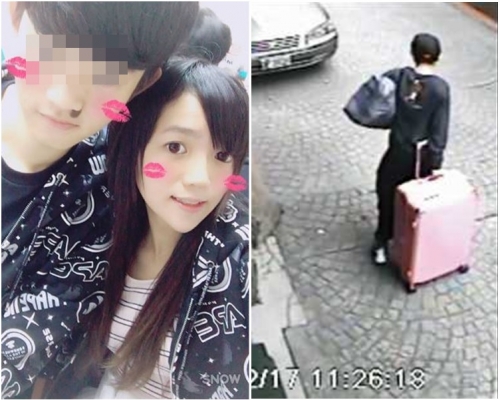 圖右，疑兇疑拖著藏有女屍的篋離開旅舍。圖左，潘曉穎疑遭男友殺害。