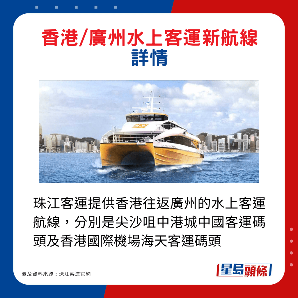 珠江客運提供香港往返廣州的水上客運航線，分別是尖沙咀中港城中國客運碼頭及香港國際機場海天客運碼頭