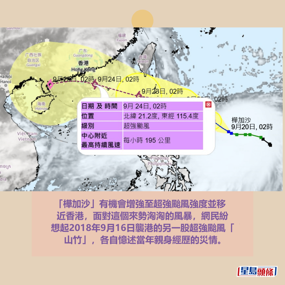 「樺加沙」有機會增強至超強颱風強度並移 近香港,面對這個來勢洶洶的風暴,網民紛 想起2018年9月16日襲港的另一股超強颱風「 山竹」,各自憶述當年親身經歷的災情。天文台網頁截圖 「樺加沙」有機會增強至超強颱風強度並移 近香港,面對這個來勢洶洶的風暴,網民紛 想起2018年9月16日襲港的另一股超強颱風「 山竹」,各自憶述當年親身經歷的災情。天文台網頁截圖