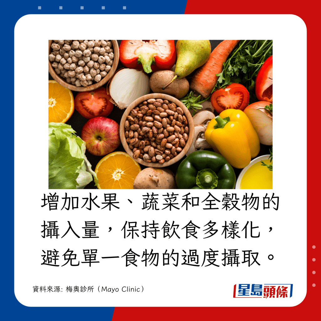 增加水果、蔬菜和全穀物的攝入量，保持飲食多樣化，避免單一食物的過度攝取。
