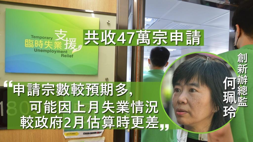 政策創新與統籌辦事處總監何珮玲表示，申請宗數較預期多，或因上月失業情況較政府2月估算時更差。資料圖片