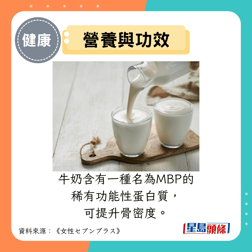 营养与功效：牛奶含有一种名为MBP的 稀有功能性蛋白质， 可提升骨密度。