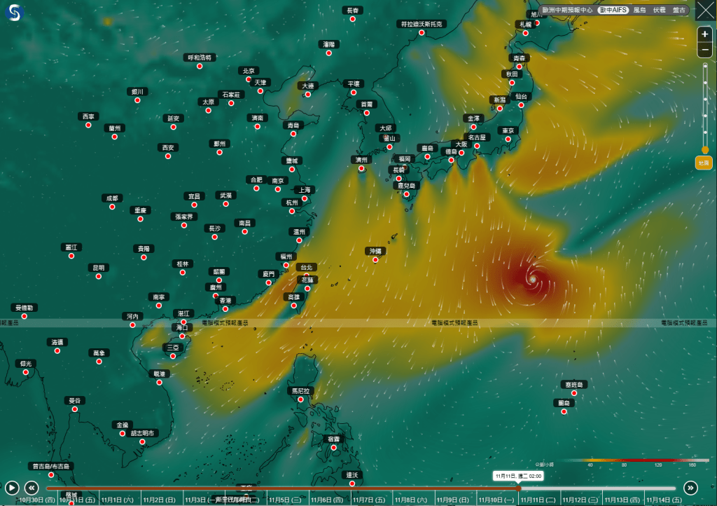 歐中AIFS的預測，有關的熱帶氣旋靠近太平洋中部，靠近日本。