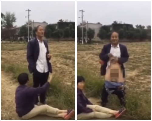劃分土地安排上與村民爭執,陝西省西安市長安區一名村幹部當眾露下體,侮辱女村民。 網圖