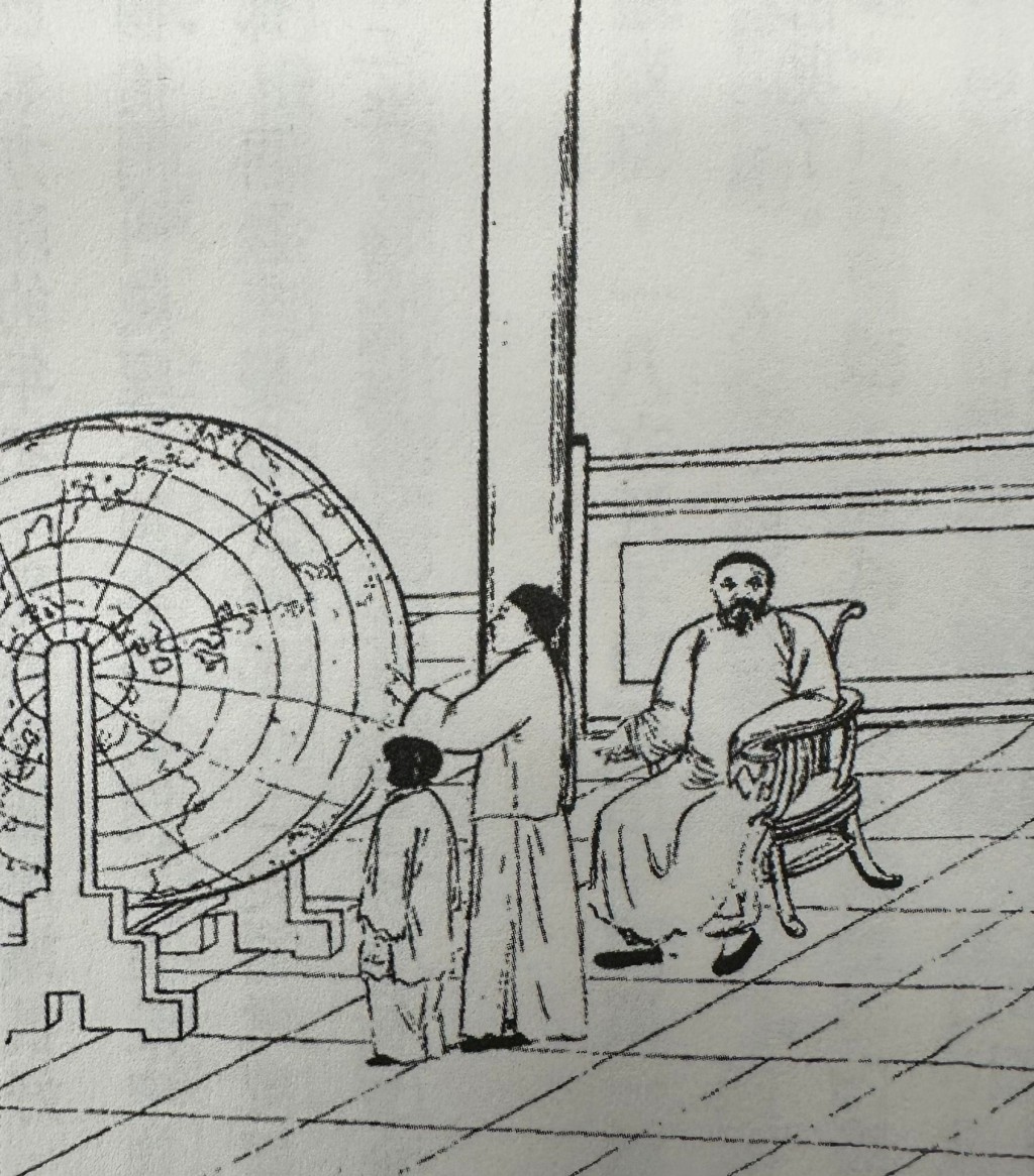 曾國藩坐在太師椅上,與一對兒女端詳着地球儀,啟蒙後代。 曾國藩坐在太師椅上,與一對兒女端詳着地球儀,啟蒙後代。