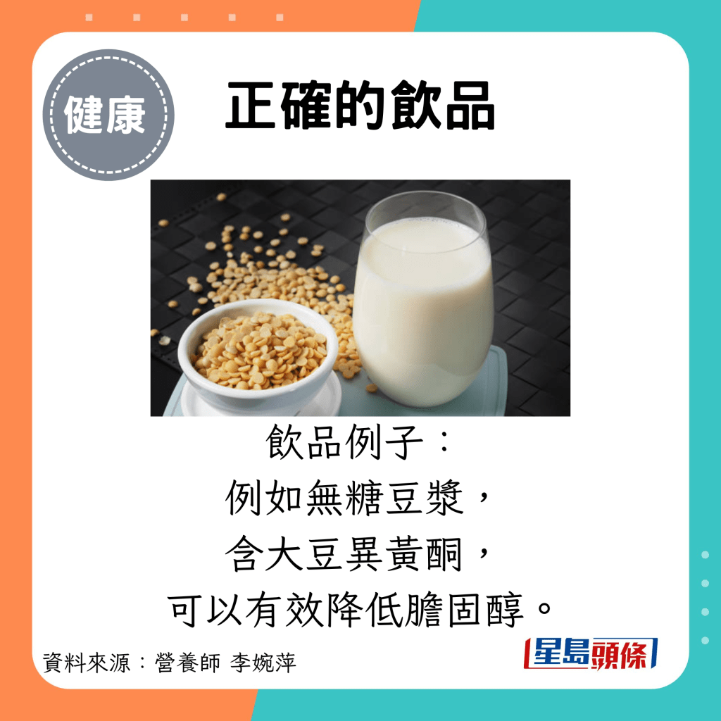 正确的饮品：饮品例子： 例如无糖豆浆， 含大豆异黄酮， 可以有效降低胆固醇。