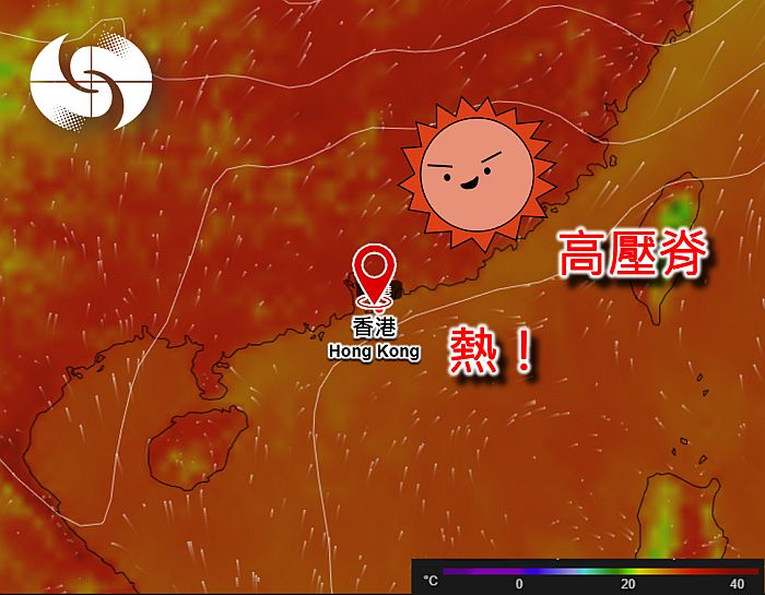 充沛的陽光為華南沿岸帶來高溫天氣。顏色表示溫度（攝氏度）。天文台圖片