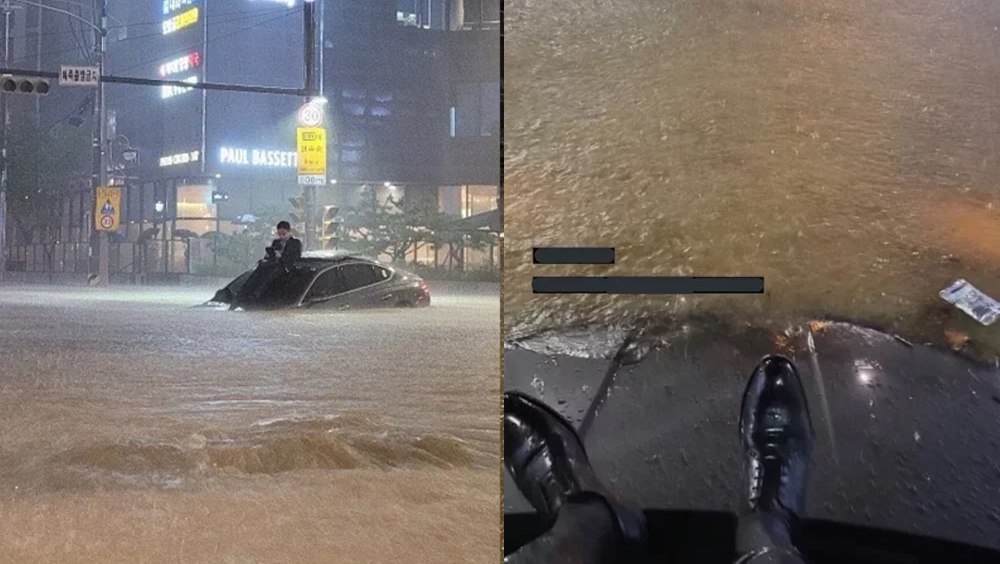 首爾西裝男水浸受困車頂,第一身視覺照被瘋傳。網圖