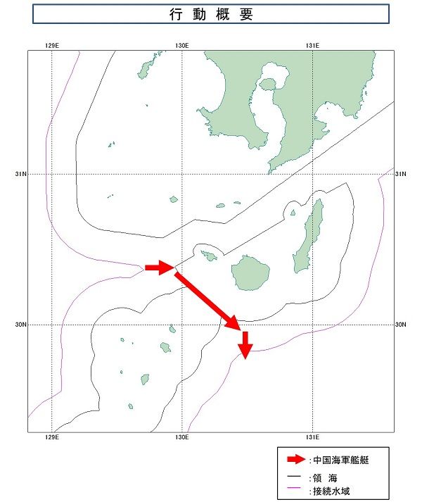 日本軍方發出中國海軍測量船路線圖。