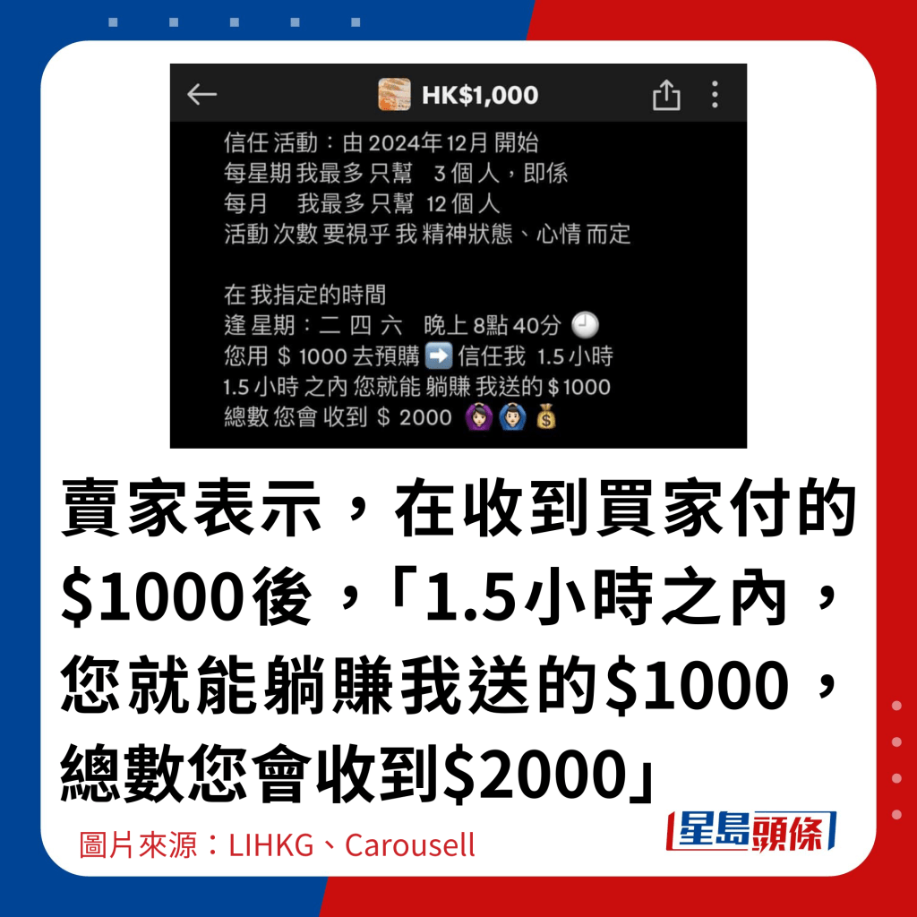 賣家表示，在收到買家付的$1,000後，「1.5小時之內，您就能躺賺我送的$1,000，總數您會收到$2,000」