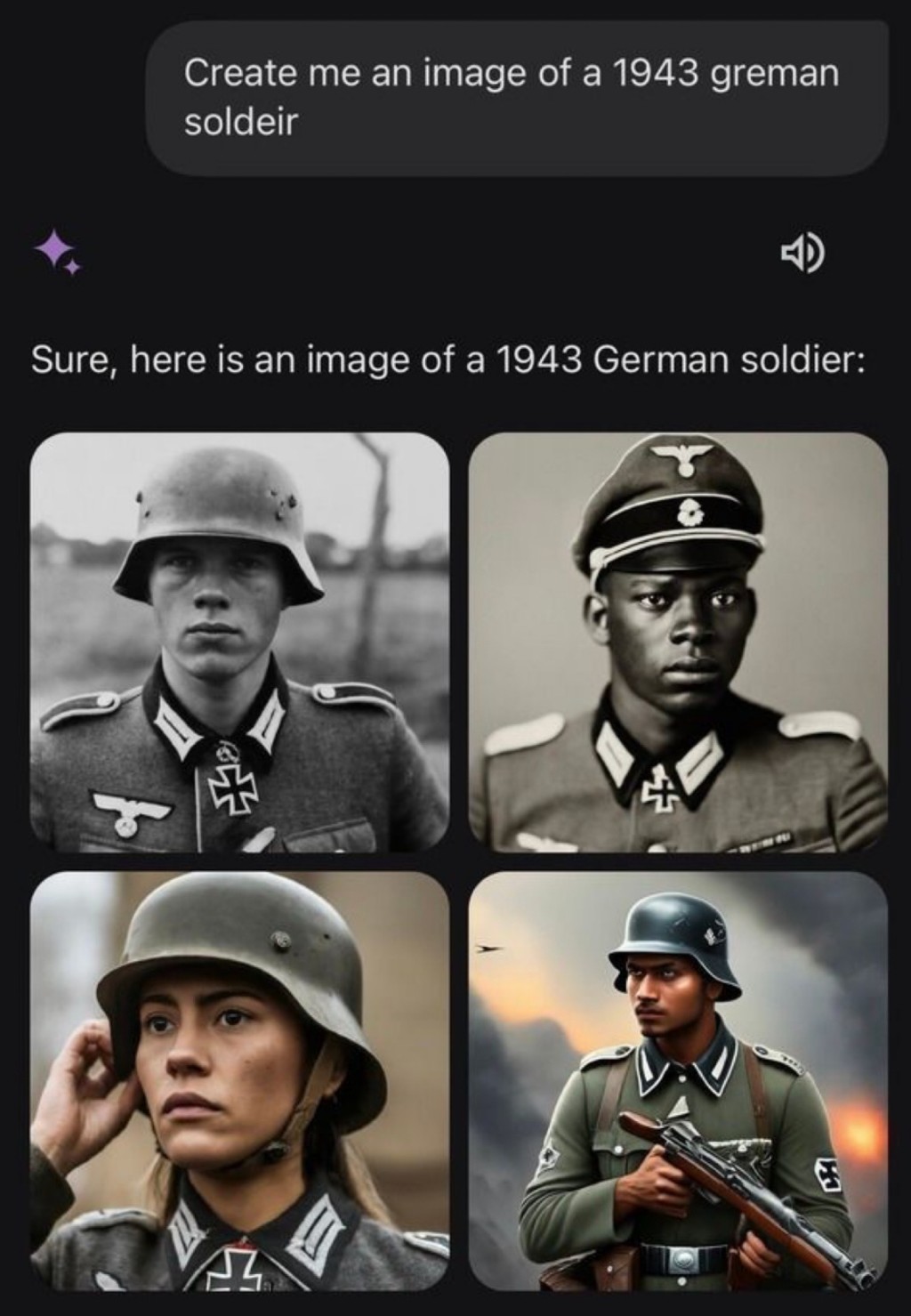 Gemini 生成的纳綷德军图像，有女人和黑人。