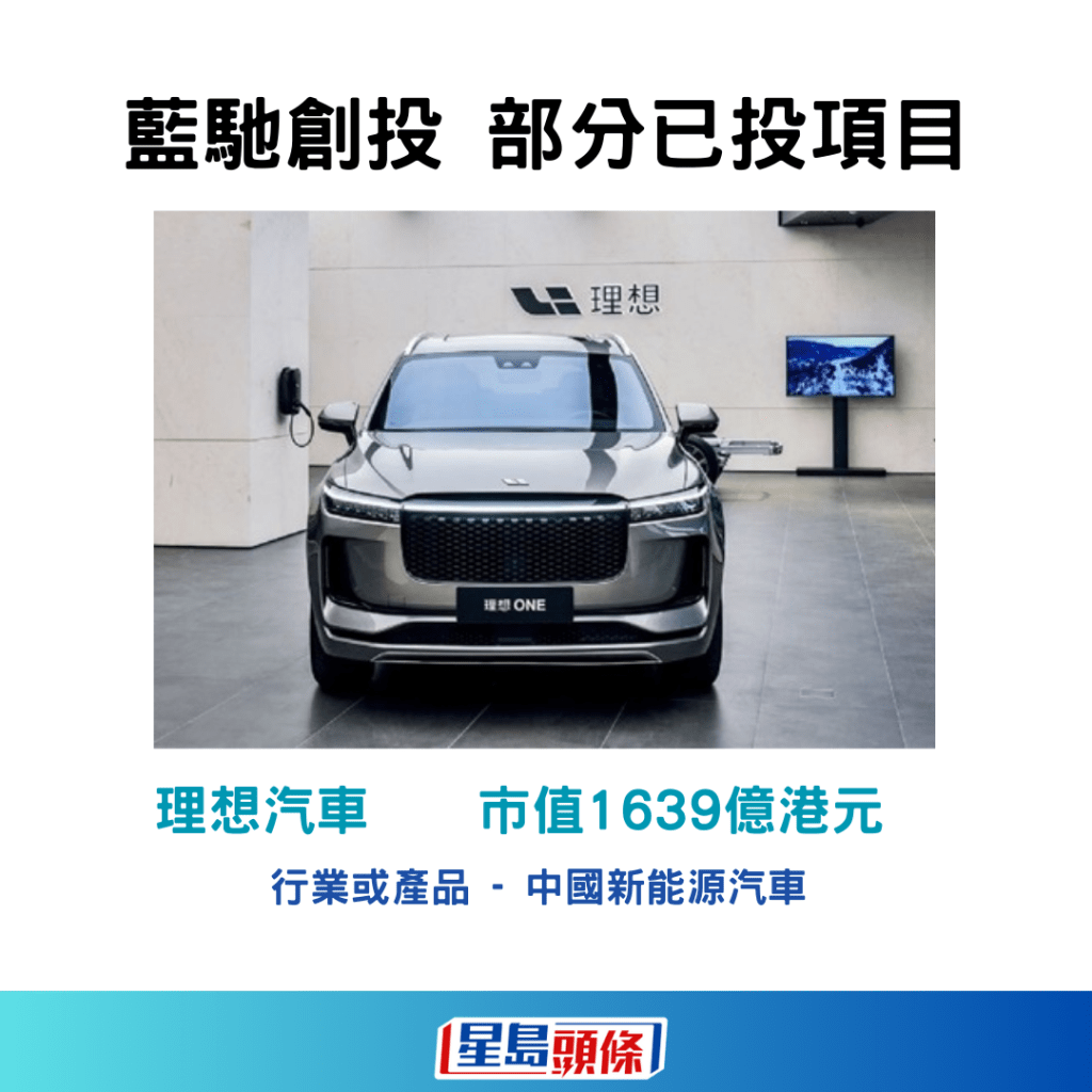 藍馳創投部分已投項目：理想汽車（2015），最新市值1639億元。