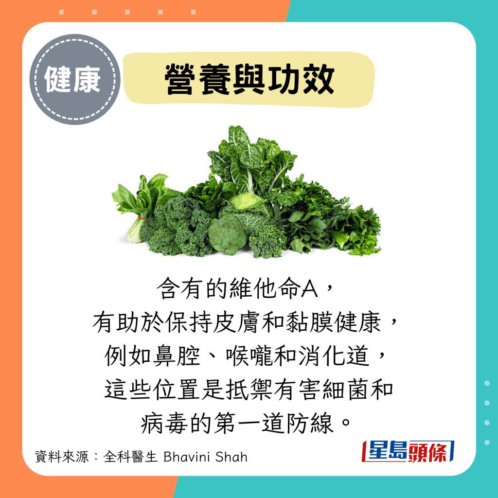 營養與功效：含有的維他命A， 有助於保持皮膚和黏膜健康， 例如鼻腔、喉嚨和消化道， 這些位置是抵禦有害細菌和 病毒的第一道防線。