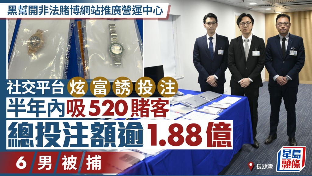 黑帮长沙湾设非法赌博网站推广中心 诱520赌客半年投注逾1.8亿 6人被捕