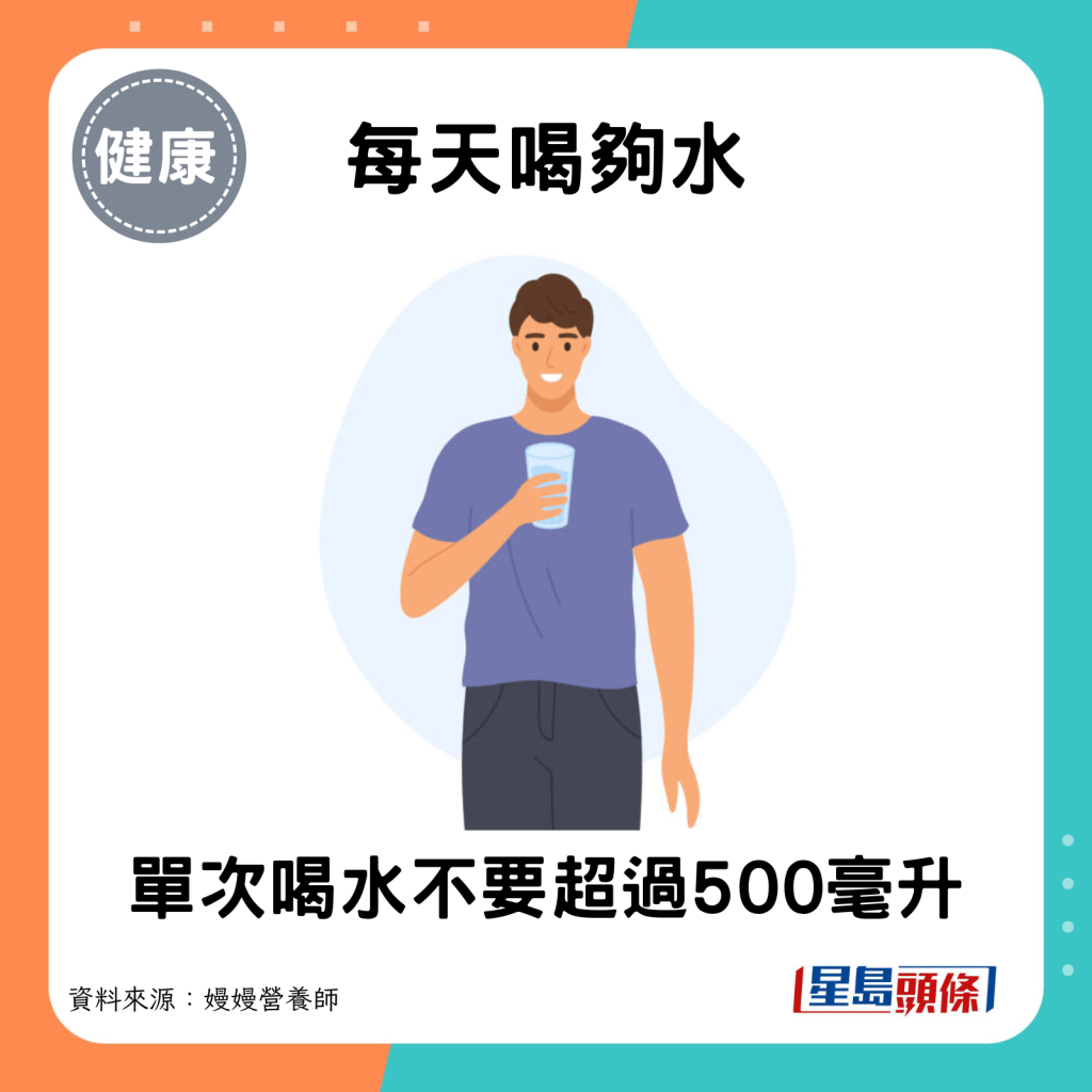 每天喝夠水：單次喝水不要超過500毫升。