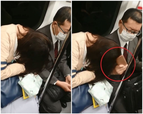 上班族前後4次用手機敲打女子的頭部。片段截圖