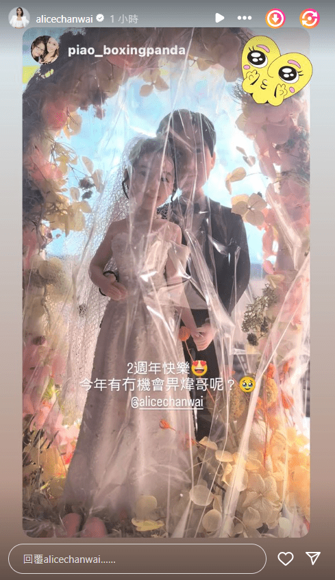 陳煒在IG的限時動態轉發粉絲送給他們的一對結婚公仔。