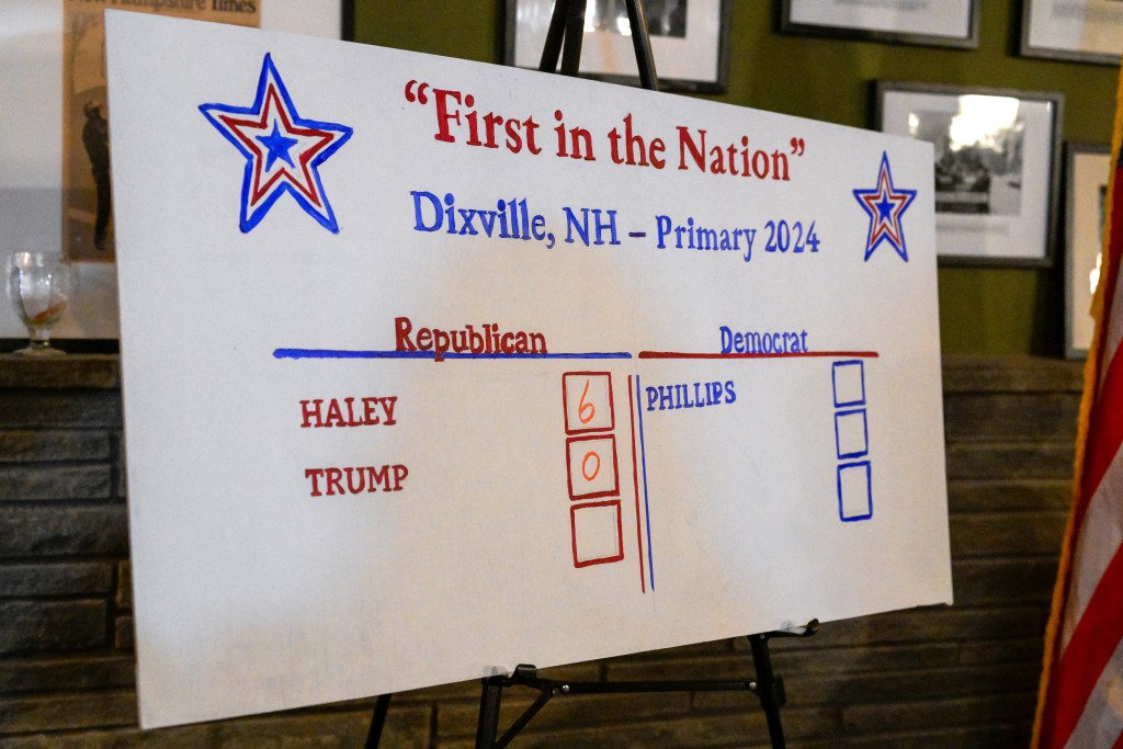 新罕布什尔州开始投票，报告板上纪录候选人得票情况。路透社