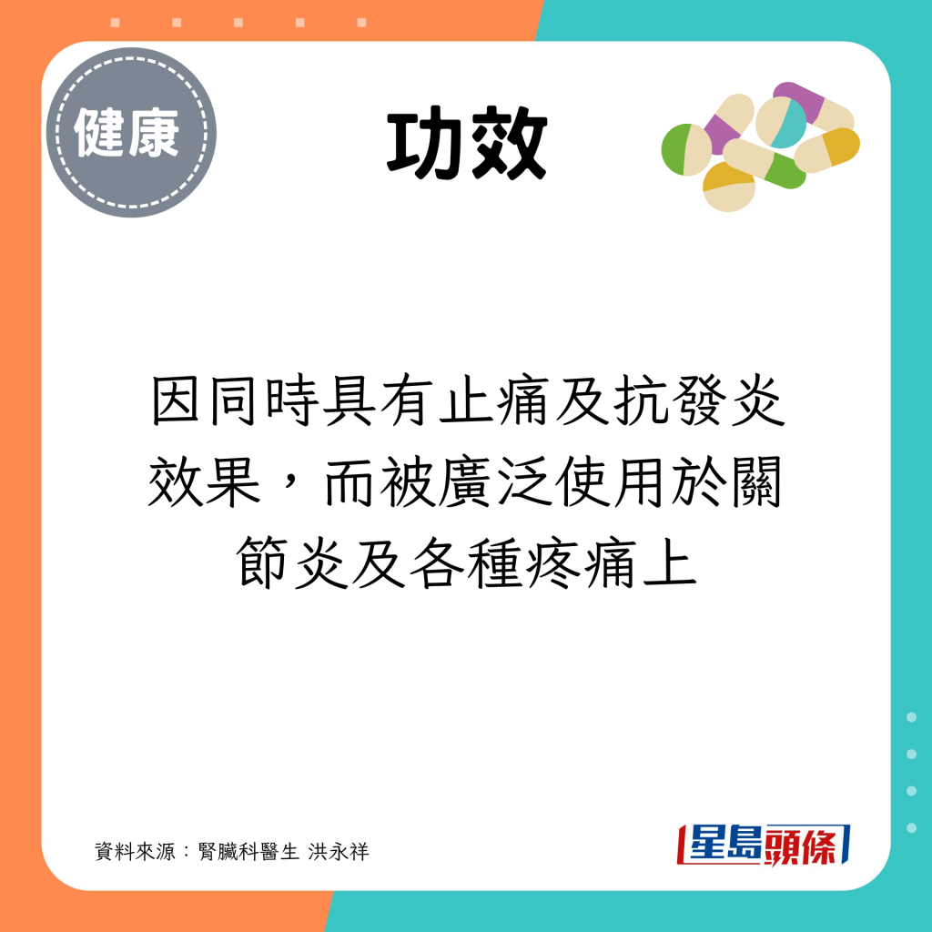 因同時具有止痛及抗發炎效果，而被廣泛使用於關節炎及各種疼痛上