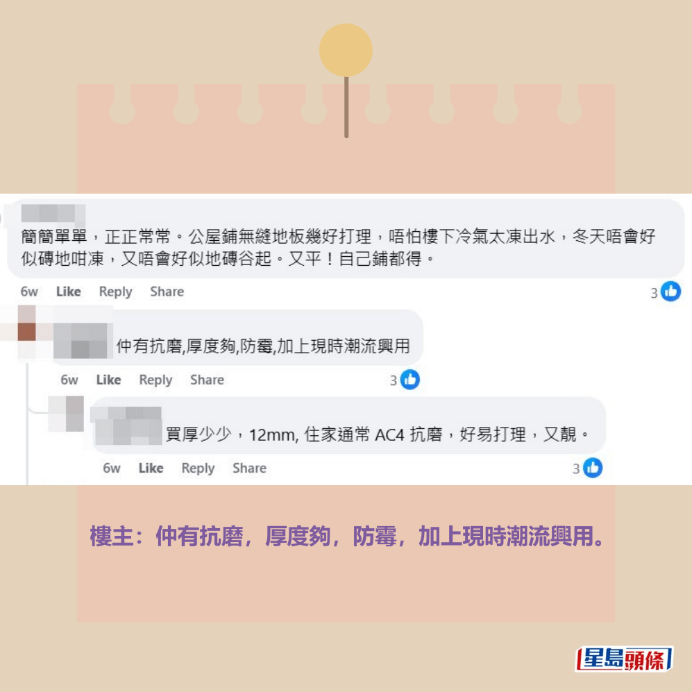 •網民A：簡簡單單，正正常常。公屋鋪無縫地板幾好打理，唔怕樓下冷氣太凍出水，冬天唔會好似磚地咁凍，又唔會好似地磚谷起。又平！自己鋪都得。fb「公屋討論區 - 香港facebook群組」截圖